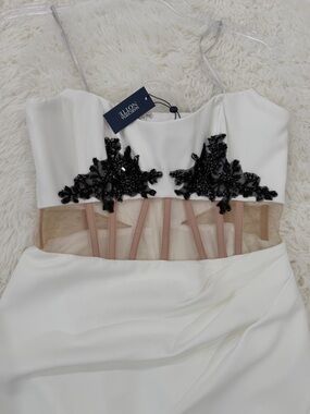 Madison Nicole White High-Low Dress with Black Applique
